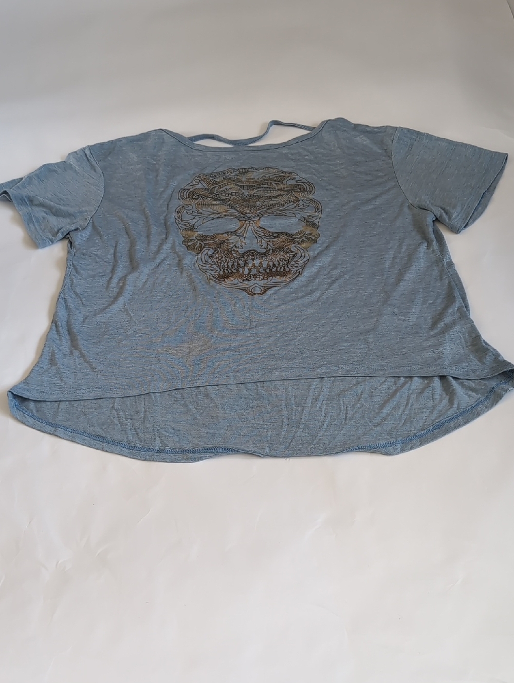 Evolution and Creation Light Blue Short Sleeve Skull Graphic Backless Top - L
